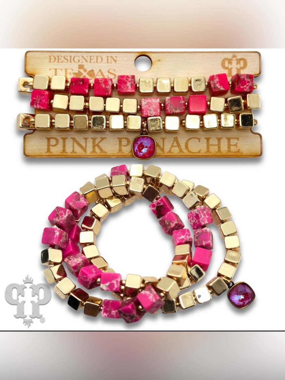 Pink Panache Gold & Hot Pink Cube Bead Stretch Bracelet Set